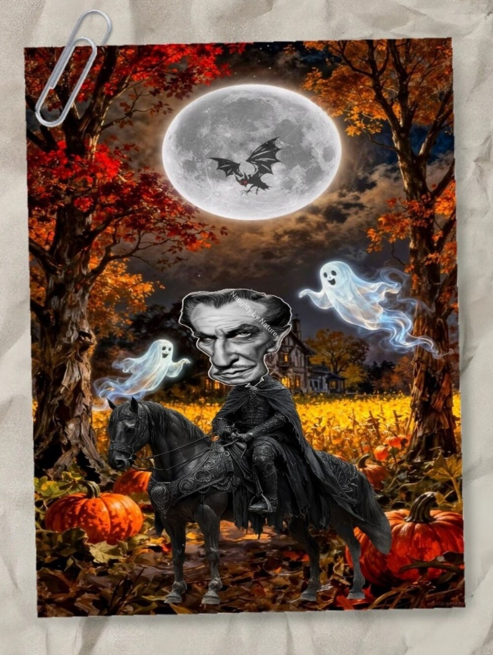 Vincent Price Horseman Halloween Poster with Ghosts and Pumpkins Ghosts